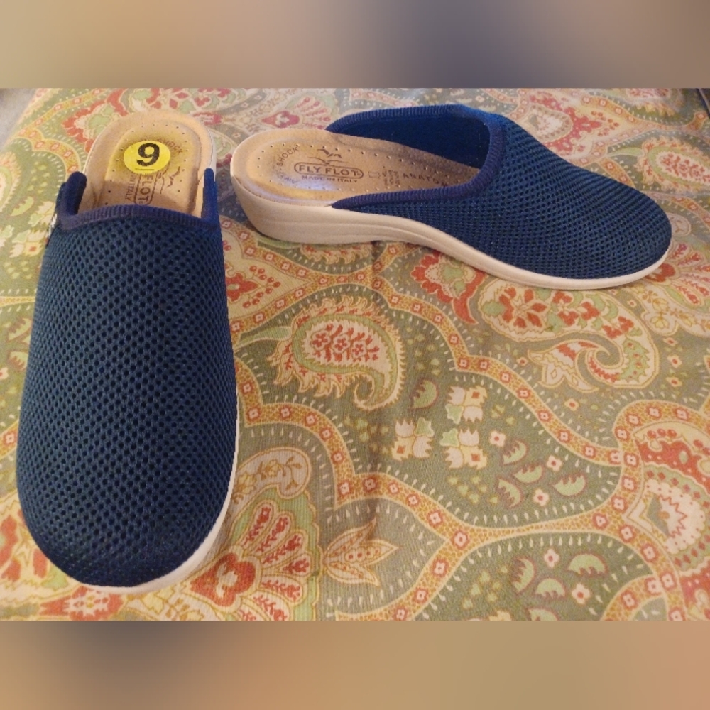 Fly Flot 40 9 blue fabric slip on mesh Italian slides flats shoes